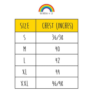 Ally Pride Flag Pocket T Shirt Size Guide | Rainbow & Co