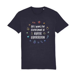 Queer Liberation Christmas T Shirt | Navy | Rainbow & Co