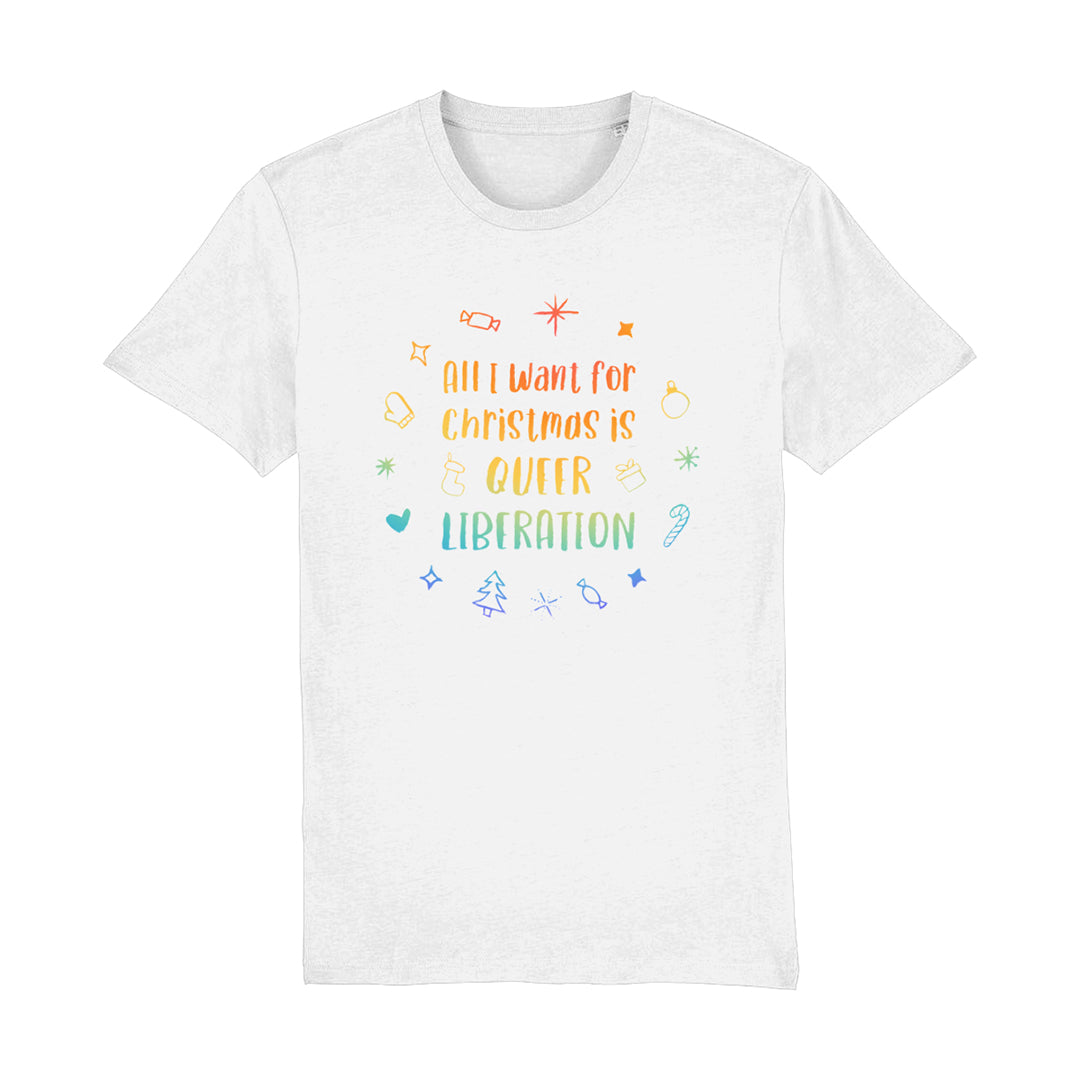 Queer Liberation Christmas T Shirt | White | Rainbow & Co