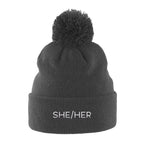 She Her Pronouns Pom Pom Beanie | Grey | Rainbow & Co
