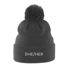 Load image into Gallery viewer, She Her Pronouns Pom Pom Beanie | Grey | Rainbow &amp; Co