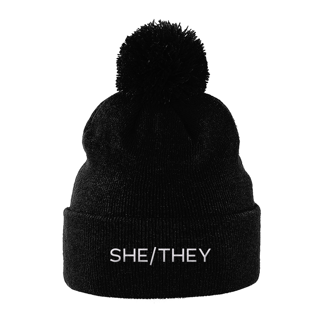 She/They Pronouns Beanie Hat | Black | Rainbow & Co