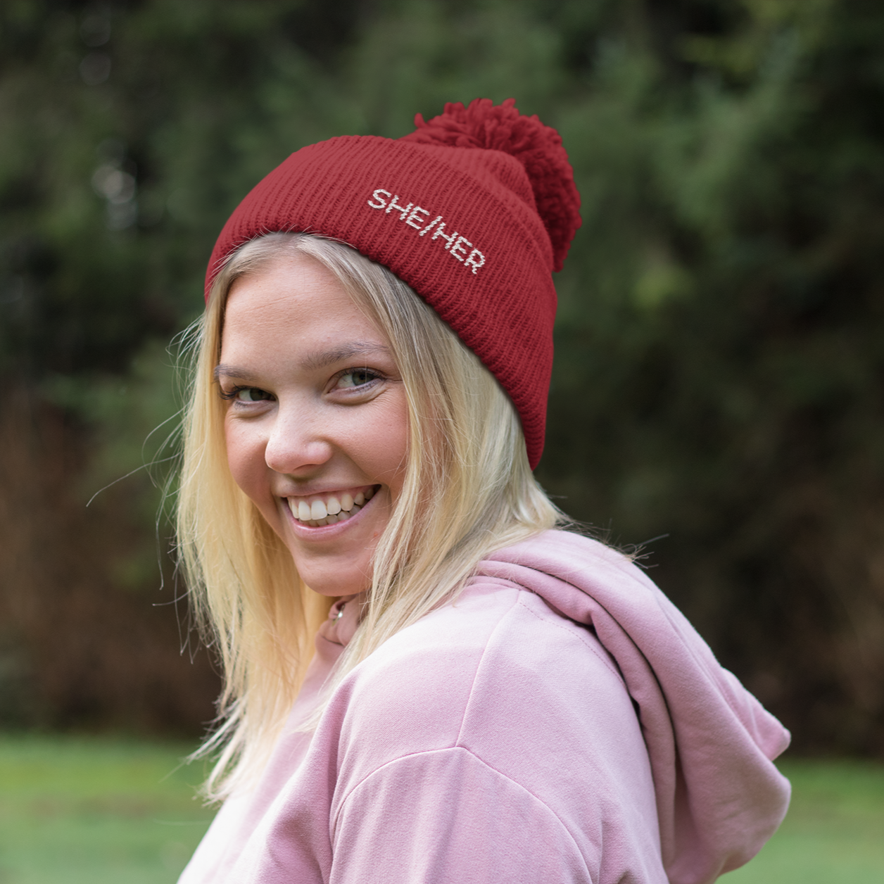 She Her Pronouns Beanie | Red | Rainbow & Co
