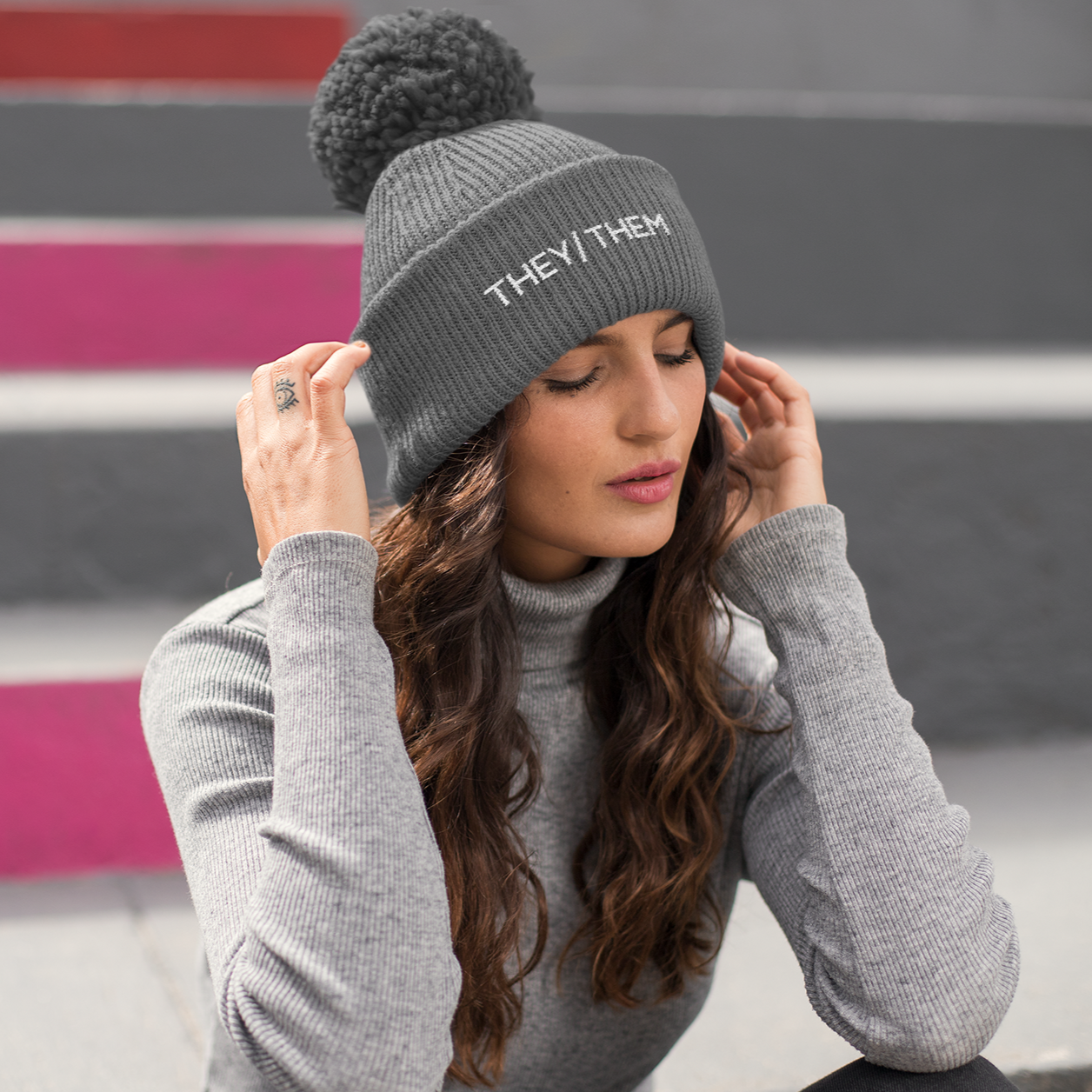 They Them Pom Pom Beanie Hat | Rainbow & Co