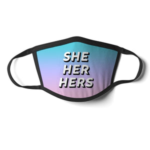 She Her Hers Pronoun Face Mask in a blue/purple gradient.