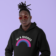 Load image into Gallery viewer, Bi &amp; Badass Hoodie | Bisexual Pride Hooded Sweatshirt